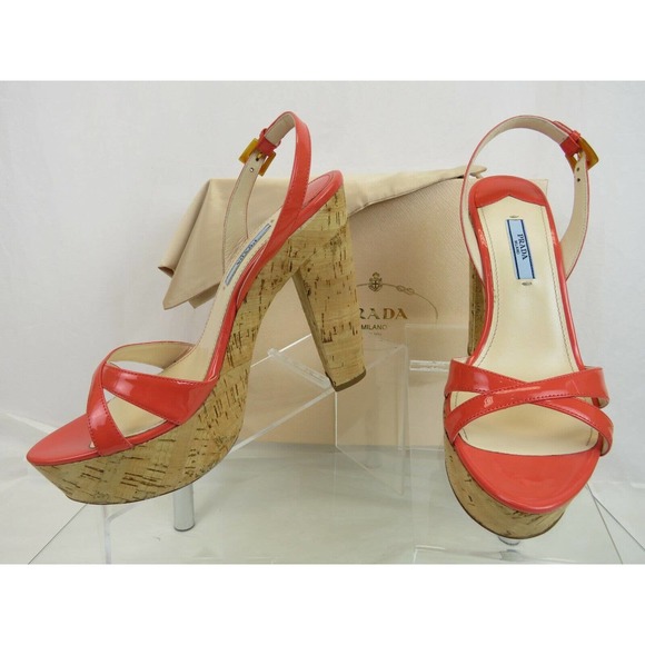 NIB PRADA 1Z648D CORAL PINK PATENT LEATHER SLINGBACK CORK SANDALS PUMPS 39.5 - Picture 5 of 12